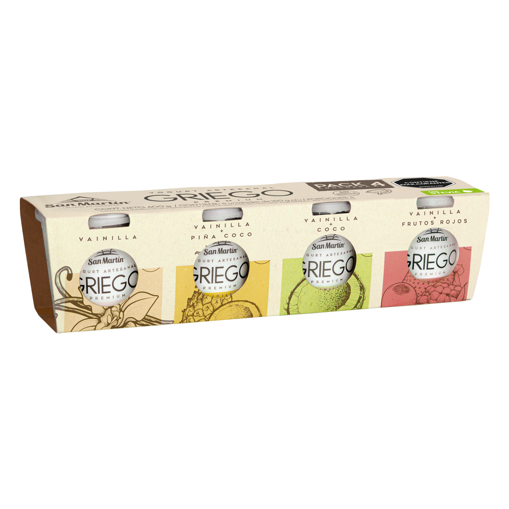 Yogurt griego premium pack x4 – Vainilla – vainilla + piña coco – vainilla+coco – vainilla+frutos rojos